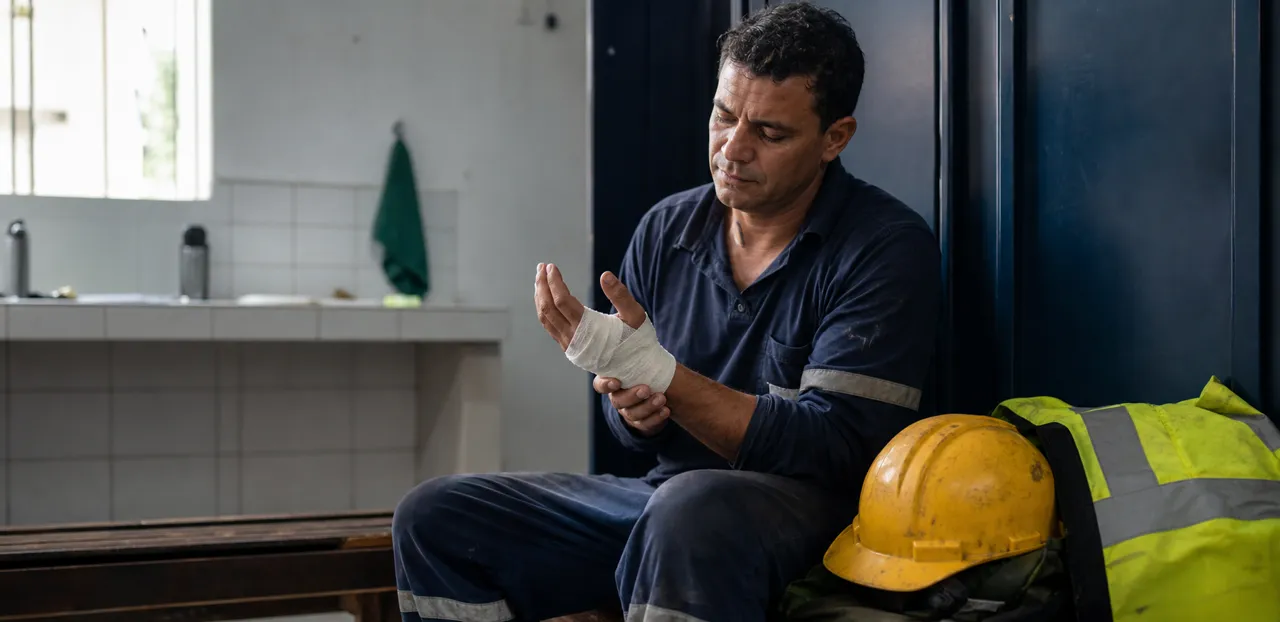 Trabalhador com o punho imobilizado após um acidente